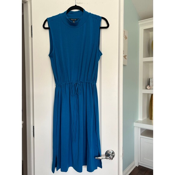 Eileen Fisher Mock Neck Tie Waist Sleeveless Dress Marine Blue $178 - L NWT - Picture 2 of 11